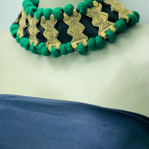 Green Vintage Choker Necklace, Handmade Afghan Metal Choker Tribal Green Choker - Picture 8 of 12